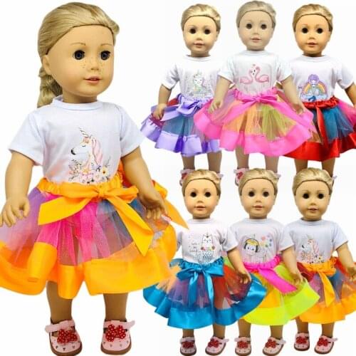 New Pattern Fashion T-Shirt Colorful Yarn Skirt Suit Fit 18 Inch American&43cm Baby New Born Doll Clothes Accessories,Girls Toys