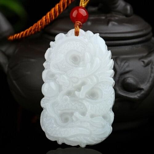 Natural White Jade Dragon Pendant Jadeite Necklace Charm Jewellery Fashion Accessories Hand-Carved Luck Amulet Gifts