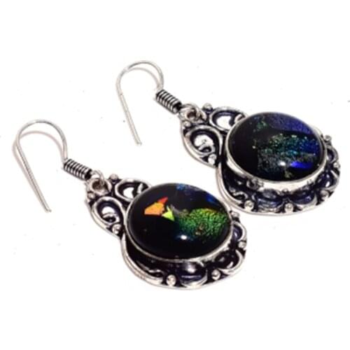 Fancy Dichroic Glass , Silver Overlay on Copper Earrings ,45 mm , E4572