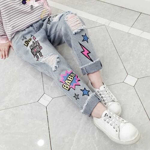 Girls Ripped Loose Jeans 2021 Spring Childrens Loose Trousers Printed Denim Sports Pants