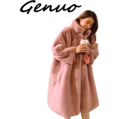 Genuo New 2019 Oversize Winter Warm Stand Collar Long Solid Color Faux Fur Coat Casual Long Sleeve Women Fur Jacket Outwear