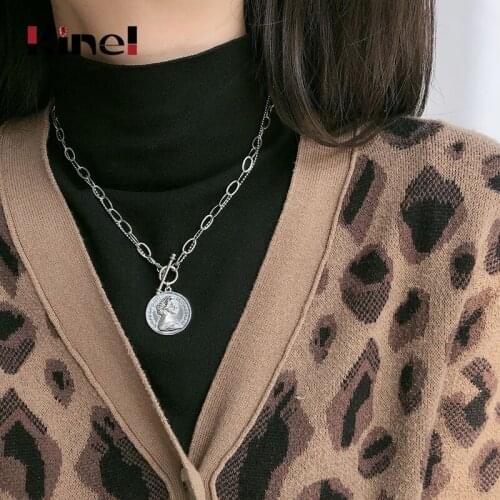 Kinel Vintage Portrait Coin Pendant Necklace Double Layer Chains Around The Neck Fashion Authentic Silver 925 Jewelry