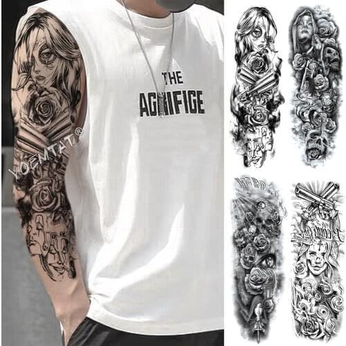 Full Arm Long Lasting Waterproof Temporary Tattoo Stickers Cool Girl Rose Gun Skull Body Art Female Flash Fake Full Tatoo Male