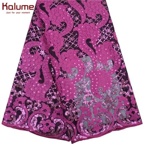 Kalume High Quality African Lace Fabric With Sequins Fuchsia French Mesh Lace Fabric Embroidery Nigerian Lace For Wedding F2096