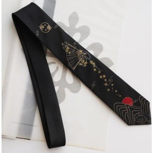 Japanese Style Necktie Bronzing Fan Red sun Black Tie Men 7cm