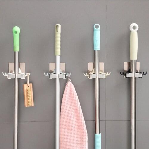 Mop Clip Wall Mounted Mop Seamless Hooks Storage Rack Organizer Brush Broom Fixed Free Punch Hanging Hanger Kitchen Bathroom