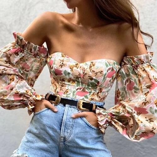 Women Summer Blouse Sexy Off Shoulder Lantern Sleeve Print Chiffon Blouse Ladies Long Sleeve Tube Top Casual Tops Elegant Shirt