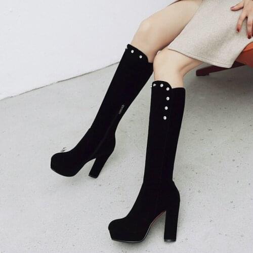 Sianie Tianie Elegant Ladies Winter Pumps Block High Heels Black Faux Suede Knee High Riding Modern Booties Platform Women Boots