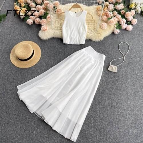 Women White Chiffon Two Piece Sets Summer Beach Suit 2021 Crop Top High Waist Mid-length Skirt Outfits Woman Elegant Boho Set