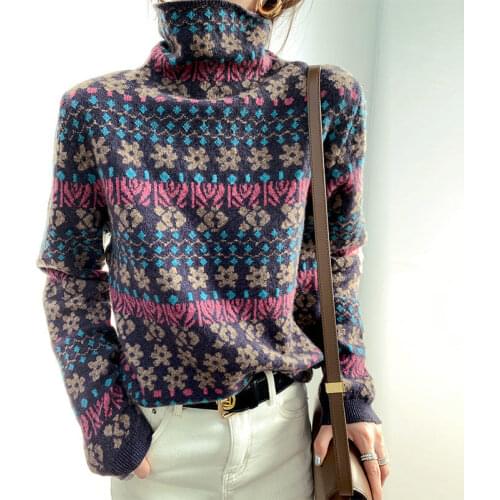 Vintage Jacquard Turtleneck Sweater Women 2021 Autumn Winter Retro Long Sleeve High Neck Geometric Pullovers Lady Knitted Jumper