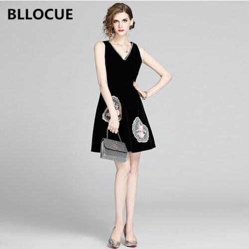 BLLOCUE Runway 2020 Summer Women Sexy V-Neck Beading Dress Cute Flower Embroidery Vest A-Line Mini Dress