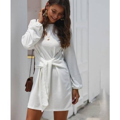 Ladies Blue Lantern Long Sleeve Dress Womens Autumn Casual Dress Elegant Short White Fashion Free Shipping Plus Size Slim Street