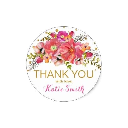 3.8cm Watercolor Floral Gold Glitter Thank You Label