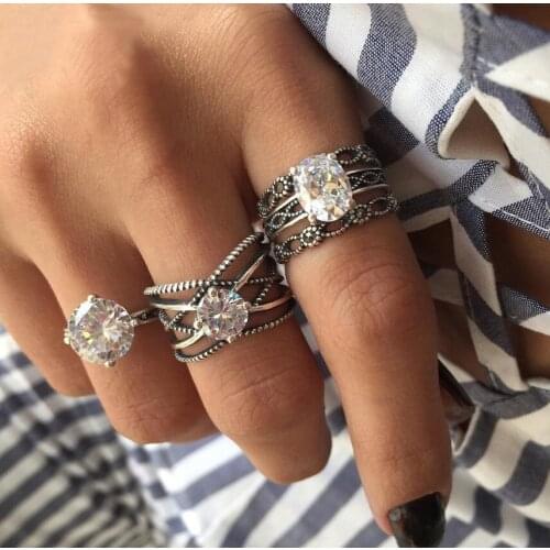 AAA Cubic Zircon Wedding Knuckle Rings for Women Silver Color Crystal Finger Ring Set Boho Antique Female Jewelry 3pcs
