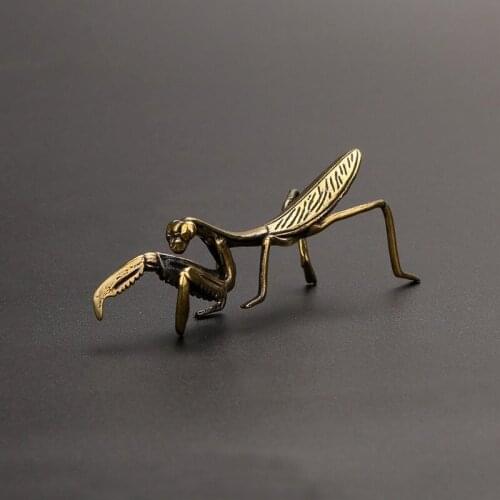 Antique Copper Mantis Miniature Tea Pet Retro Animal Figurine Home Decoration Office Desk Ornament Craft Garden Flower Pot Decor