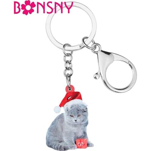 Bonsny Acrylic Christmas Hat Scottish Fold Cat Kitten Key chain Rings Animal Keychains Women Girls Bag Car Purse Decoration Gift