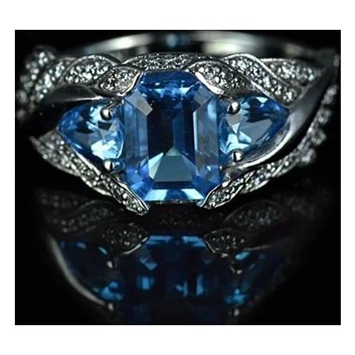 Exquisite Silver Plated Water Blue Stone Finger Ring Micro Paved Rhinestone Rings For Women Wedding Party Jewelry Gift D5M878