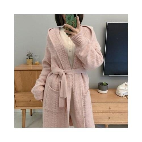 V-neck cashmere cardigan womens medium and long Hoodie thickened lazy sweater twisted flower loose tie coat thick