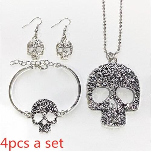 4-piece Set, Necklace, Bracelet, Earrings, Set, Gorgeous Gothic Exquisite Skull Jewelry