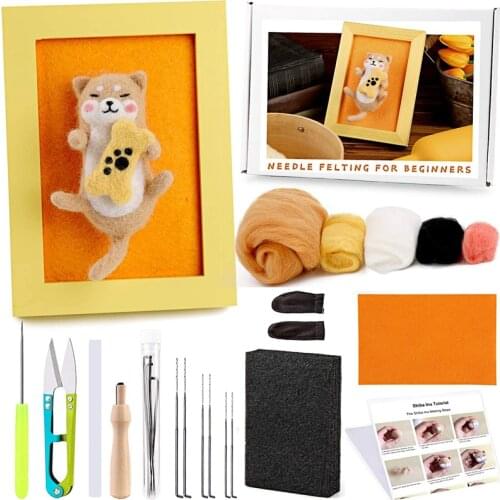 Nonvor DIY Wool Felt Kit Handle Wool Wet Felting Tools Set Handmade Needle Felting Animal Kits with Photo Frame and Instructions