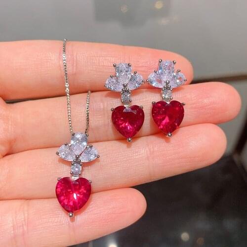 925 Sterling Silver Wedding Jewelry Sets for Women 10*10mm Heart-Shaped Ruby Gemstone Lab Diamonds Pendant Necklace Drop Earring