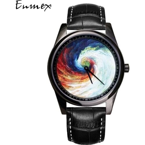 Enmex Individualization design wristwatch 3D vortex leather strap creative design Oil Painting fashion quartz clock watch