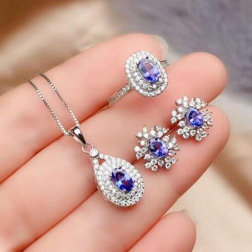Real Natural Tanzanite jewelry set Natural Real Tanzanite 925 sterling silver 1pc pendant,1pc ring,2pcs Earring