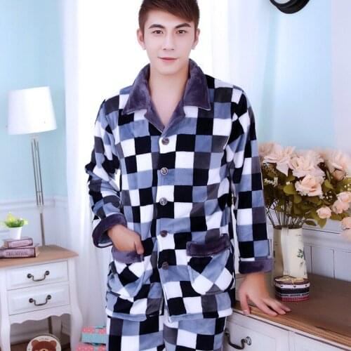 H5875 Sleepwear Men Pajamas Set Thickened Flannel Long Sleeve Plus Size Nightgown Autumn Winter Coral Fleece Leisure Nightwear