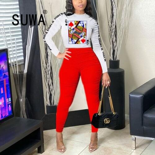 Wholesale Playing Card Chic Women Two Piece Tracksuit Matching Sets Long Sleeve T shirt Top + High Waist Stacked Pants Autumn