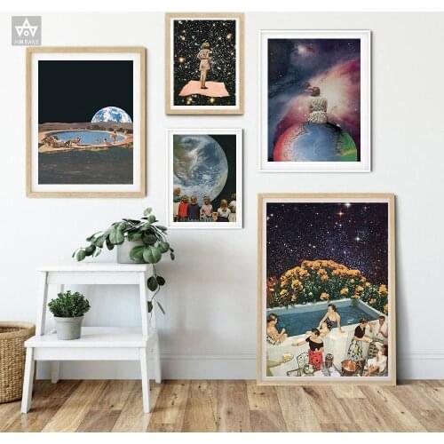 Retro Swimming Pool Poster Print Art Earth Moon Vintage Universe Painting Fantasy Wall Art Canvas Wall Pictures For Living Room