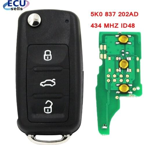 3 Button Remote 434Mhz ID48 Chip Car Key For Volkswagen VW Caddy Beetle Jetta Eos Golf Polo Hella 5K0837202AD