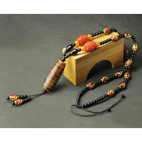 Rare Nature Tibetan Dzi Bead 9 eyes bead Amulet Pendant with sard Bead Necklace gift
