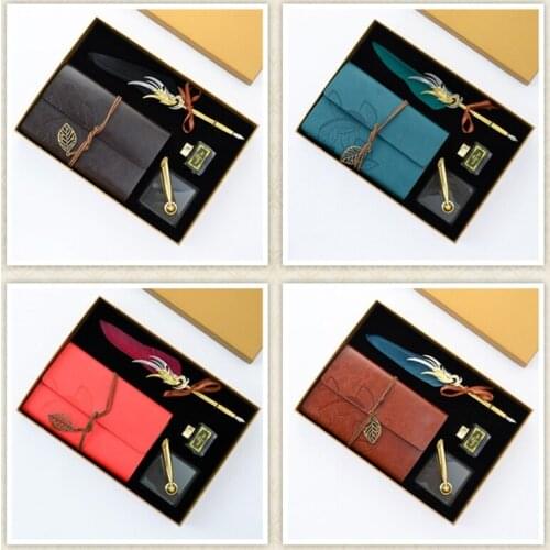 Retro Calligraphy Feather Dip Fountain Pen Writing Ink Notebook Stationery Box Y3NC