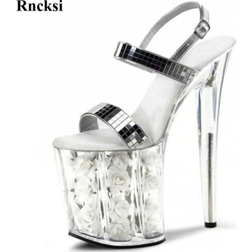 Rncksi 8 inch sexy clear platform sandals white flowers for wedding Silver shoes 20cm transparent dress high heels Dance Shoes
