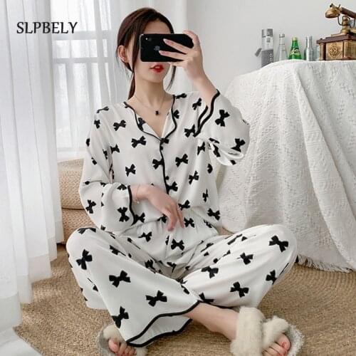 SLPBELY Ice Silk Women Pajamas Set Homesuit Summer White Bow Printed Turn Down Collar Soft Female Pyjama Sleepwear Home Clothing
