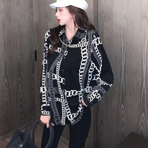 Vintage Shirts For Women Korean Chain Print Tops Turn-down Collar Casual Loose Long-Sleeved Blouses