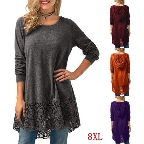 Large size womens T-shirt lace stitching plus size 5XL 6XL 7XL 8XL summer womens casual long-sleeved loose gray hooded top