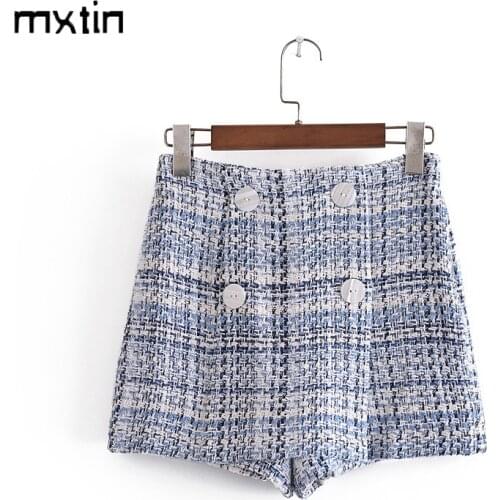 2021 Women Vintage With Double Buttons Plaid Tweed Shorts Skirts Fashion Spring High Waist Side Zipper Female Skort Mujer