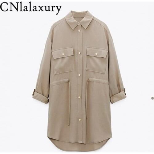 2021 Spring New Women Solid Long Sleeve Vintage Shirt Jacket Lace Up Turn-down Collar Outwear Female Casual Loose Coat Chic Tops