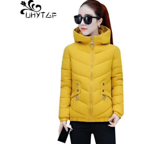 UHYTGF Winter down cotton parker women Korean slim hooded casual Warm short jacket solid color wild Thicken plus size coat 1757