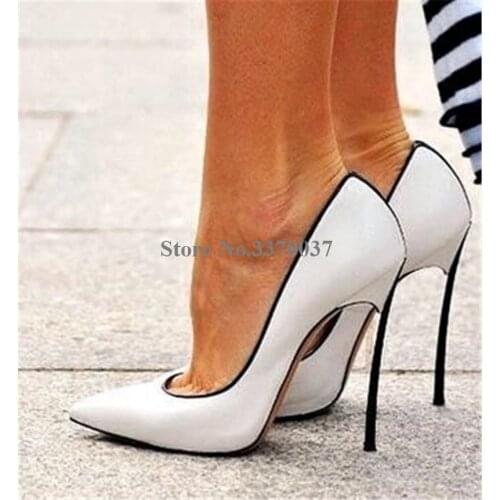 Brand Design Women Pointed Toe Metal Stiletto Heel Pumps Slip-on White Blue Pink High Heels Formal Dress Shoes Wedding Shoes