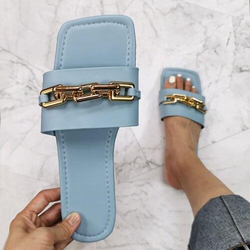 2021 New Summer Outside Beach Shoes Flat Ladies Slides Solid Color Chain Woman Slippers Breathable Flat Shoes Large Size 36-43