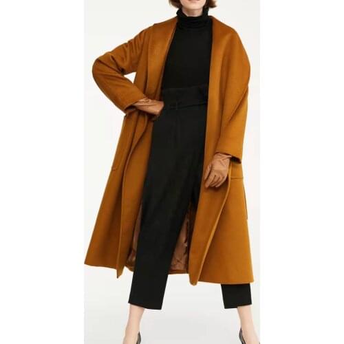 Winter Long Coat Women Water Ripple Camel Wool Coat Caramel Fashion Lapel Coat With Pockets Lace Slim Autumn High-end Camel Coat