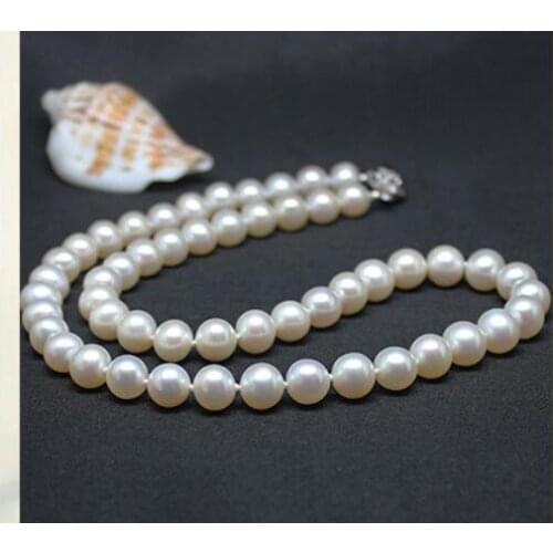 Women gift word Silver Clasp 17INCH AAA+ Exquisite AAA+ 8.5-9MM NATURAL WHITE PEARL NECKLACE women gift 925 silver-jewelry