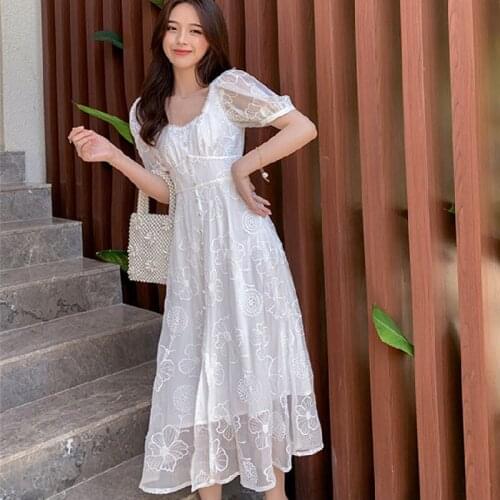 One Piece Korean 2021 Summer French Vintage White Dresses Women Chiffon Square Collar Elegant Embroidery Fairy Lace Dresses