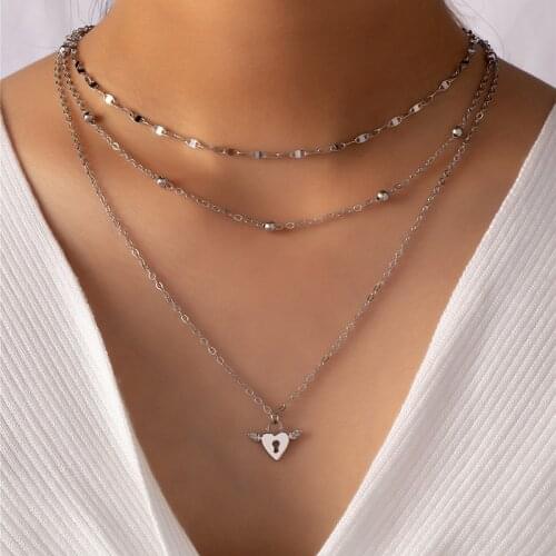 2022 Ins Gold Chain Multi-layers Winged Heart Minimalism Choker Pendant Necklaces Trendy Korean Fashion Women Party Jewelry