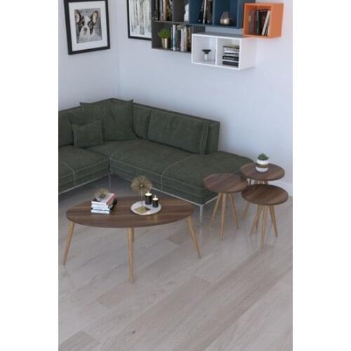 Modern Remaks Retro 3'lü Round Zigon coffee table, Serving Stand and Istanbul Center table-Walnut coffee table table basse