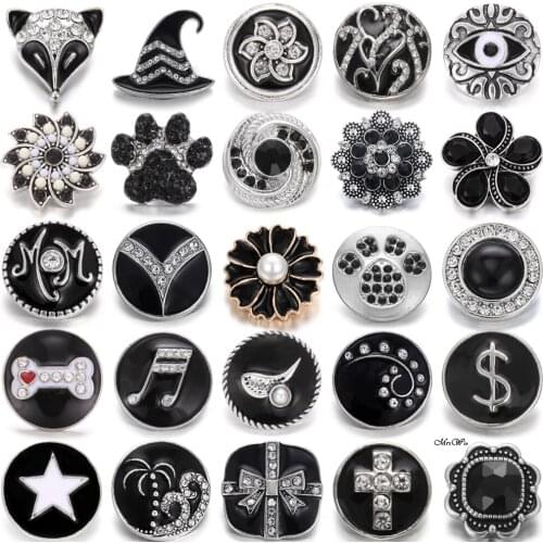 6pcs/lot Wholesale Snap Button Jewelry Black Rhinestone Flower Snap Buttons Fit DIY Leather 18mm Snap Bracelets Necklaces