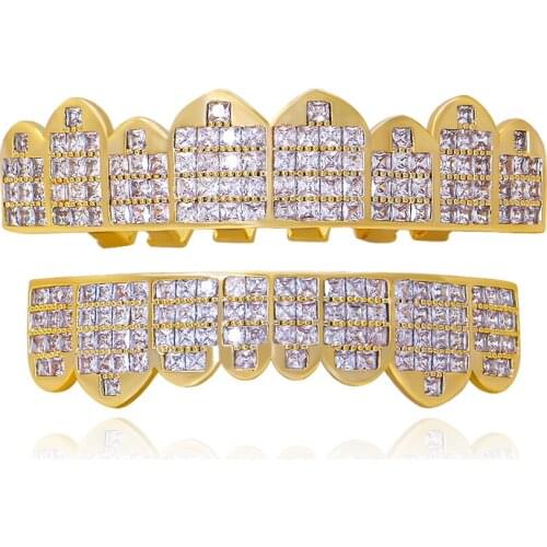 LuReen Rapper Iced Out Square CZ Gold Teeth Grillz Top Bottom Grills For Men Women Punk Vampire Fake Tooth Cap Fashion Jewelry