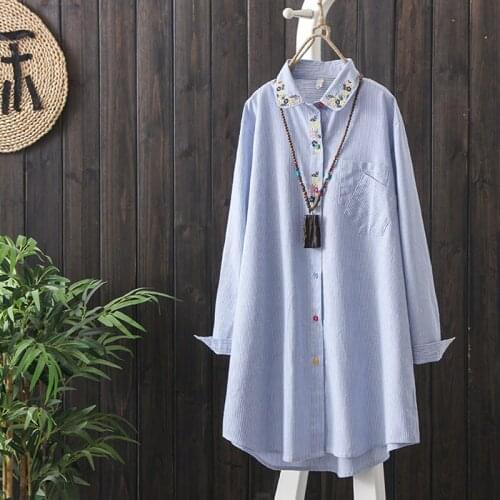 Embroidery Long Women Shirts Autumn Vintage Casual All Match Female Outwear Coats Tops